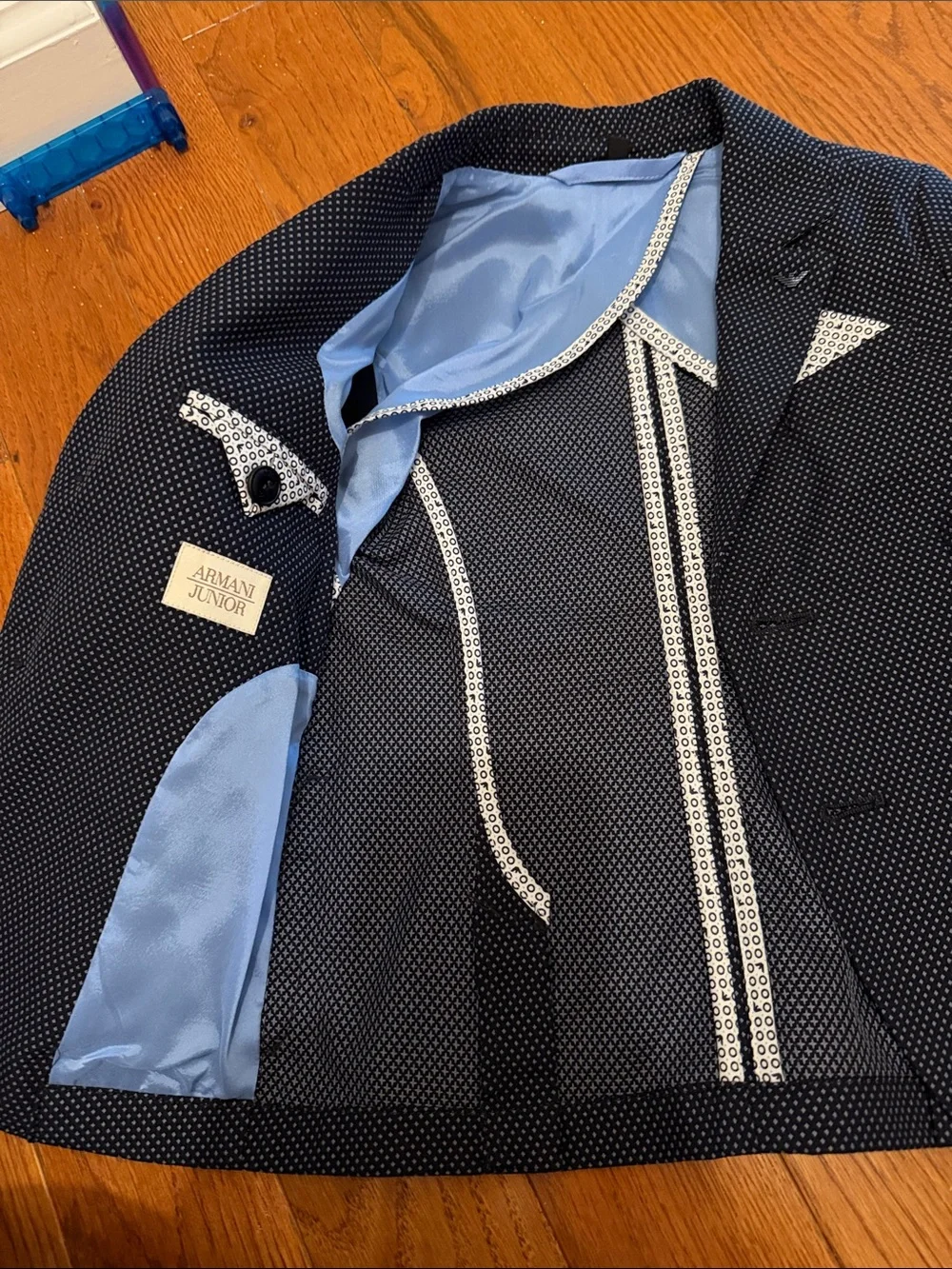 Armani Junior Navy Dot Blazer with Light Blue Satin Lining